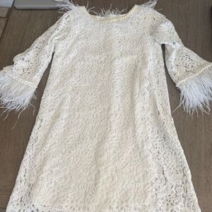 Elegant White Lace Kids Dress with Feather Accents